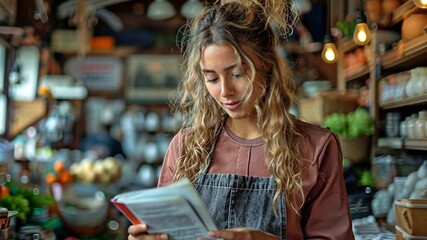 female barista holding the deposit book and looks at the phone