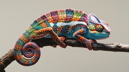 Vibrant Chameleon Perched on a Branch with a Curled Tail