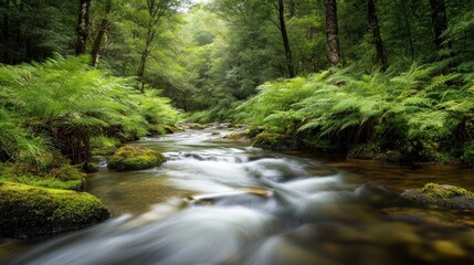 Obraz premium Serene River Flowing Through Lush Forest