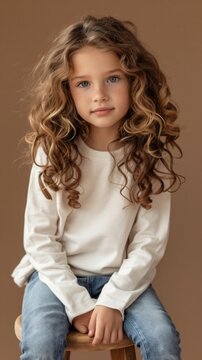 Cheerful Young Caucasian Girl with Curly Blonde Hair Wearing Casual Outfit