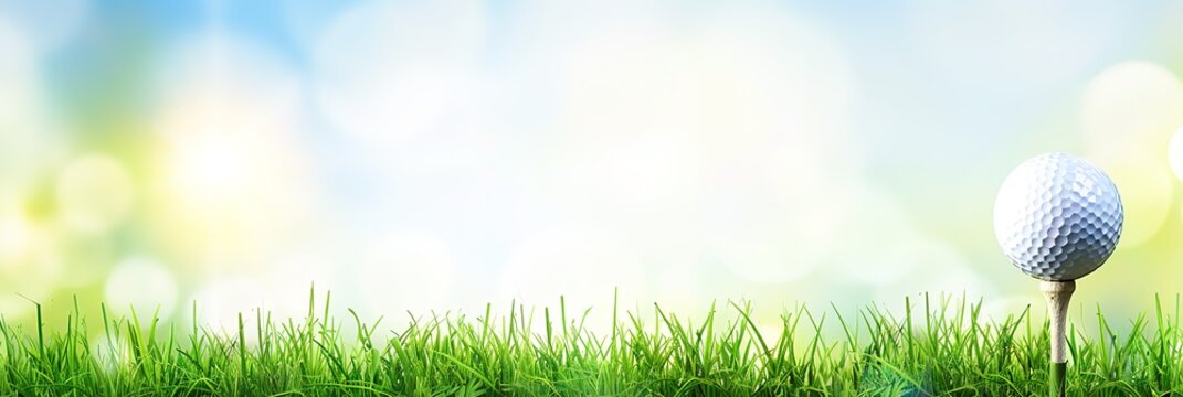 Golf ball on a tee in a green grassy field with a blue and yellow sky background. A perfect image for a golf or sports themed design.