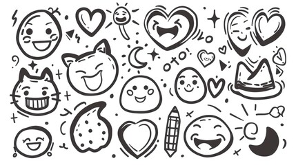 Hand-drawn doodles of smiling faces, hearts, cats, and stars.