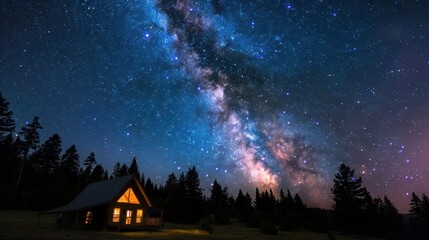 The Milky Way over a remote cabin in the woods, with the cabin warmly lit from inside, astrophotography, Milky Way, cabin night