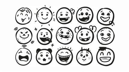 Collection of 16 Hand-Drawn Doodle Emojis with Funny Expressions.