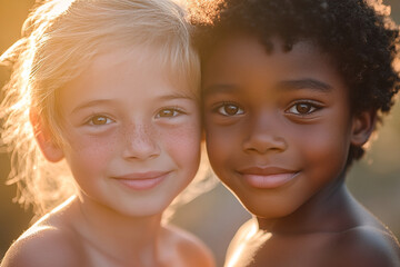 A group of children are playing happily in the sun. Children of different skin colors and nationalities are suitable for education and peace, showing strong tolerance.