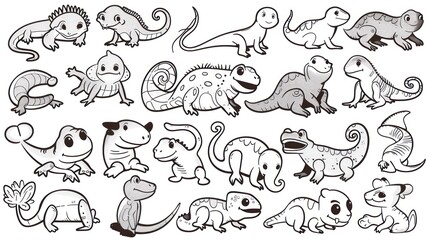 Obraz premium Set of 16 black and white cartoon lizard illustrations.