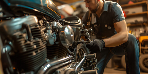 A man working on motorcycle in a garage performing maintenance and repair on engine parts.
