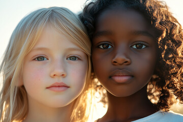 A group of children are playing happily in the sun. Children of different skin colors and nationalities are suitable for education and peace, showing strong tolerance.