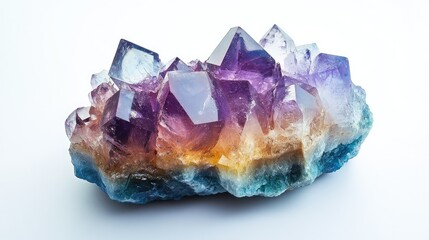 Fototapeta premium A centered fluorite mineral, with its vibrant rainbow colors, against a plain white background.