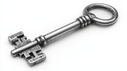 A shiny new silver key isolated on white backgroun  032 key, isolated, lock, metal, white, security, old, steel, antique, silver, door, object, open, metallic, house, keys, vintage, unlock, home, gold