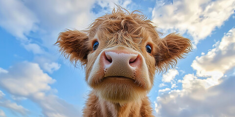 A cute baby Highland cow with fluffy fur, generative AI