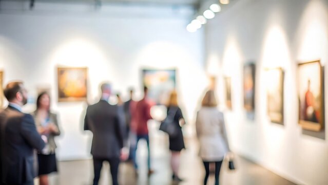 Blurred background of guests admiring artwork at an art gallery opening.
