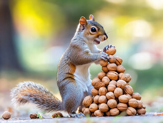 Fototapeta premium Squirrel with nut sky leaves forest.