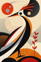 Abstract bird with red, black, white and orange colors.