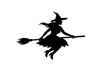 Obraz premium Silhouette of a Witch on a broomstick isolated vector on a white background