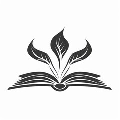 Black and white illustration of an open book with leaves growing from the pages.