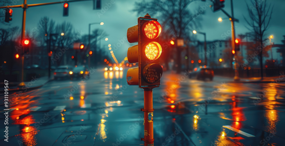 Aufkleber a traffic light at a busy intersection on a gloomy evening. the sky is overcast with dark clouds, an