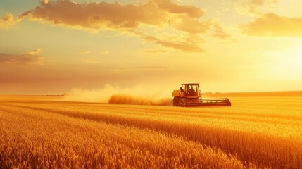 Fototapeta premium A wheat harvester cutting through a golden field at sunset, dust kicking up behind it. The vast sky creates an expansive backdrop of serenity and productivity.