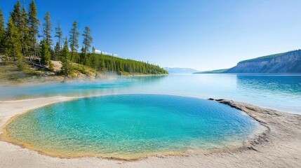 Fototapeta premium Vibrant blue hot spring surrounded by a yellow rim in a serene lake with mountain backdrop.