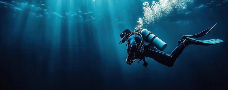 Scuba diver exploring a deep-sea trench during an expedition, with specialized equipment and submersible cameras, capturing rare marine life in the abyss