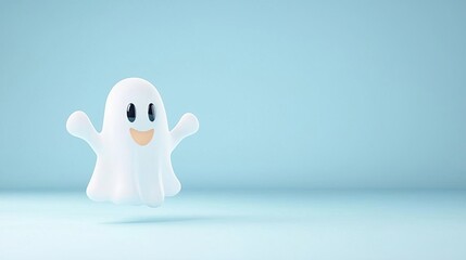 Cute cartoon ghost floating on blue background with copy space.