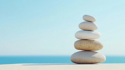 Stack of white stones on a sandy beach with blue sky and ocean in the background.