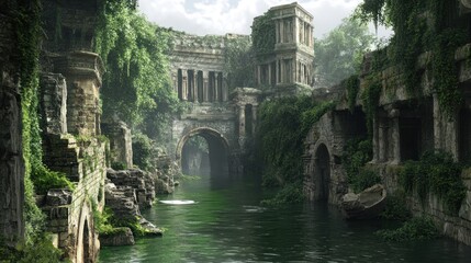 Overgrown ancient ruins beside a canal.