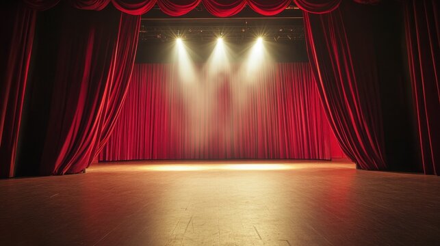 An empty theater stage with red velvet curtains slightly open, illuminated by a bright spotlight. The dramatic scene is set for performances or announcements.