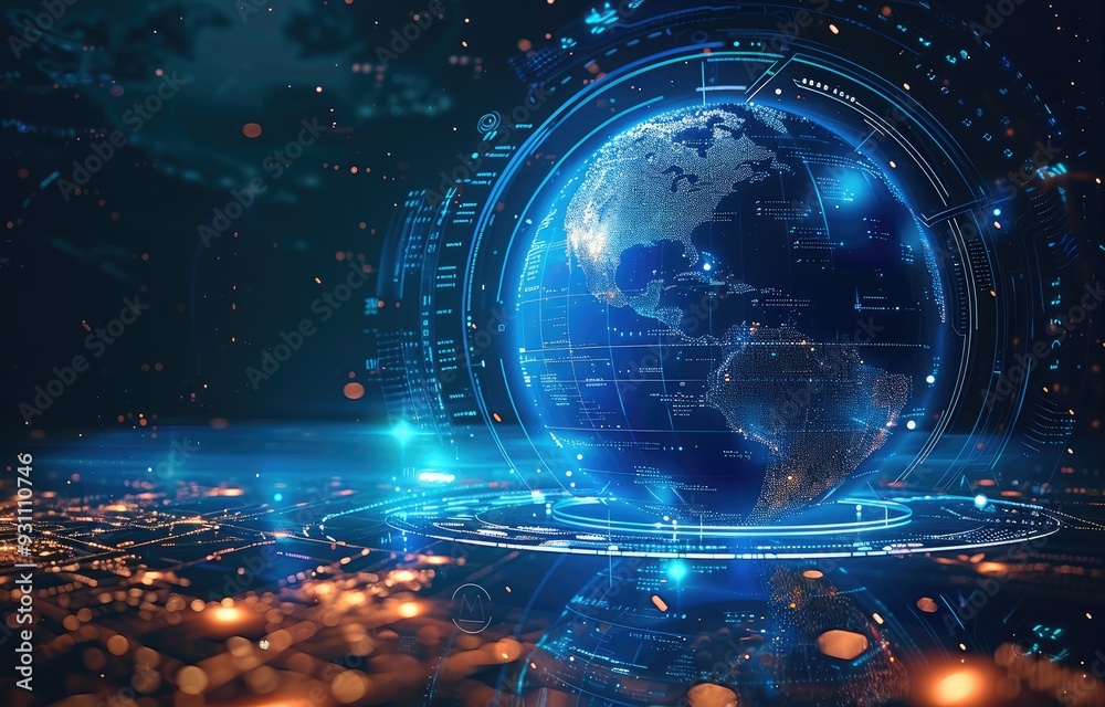 Aufkleber abstract digital technology background with a blue glowing sphere, planet earth, and hologram elemen