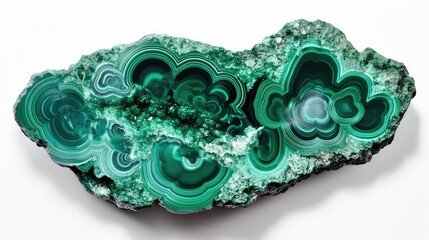 A centered malachite mineral on a white background, highlighting its vibrant green banding patterns.