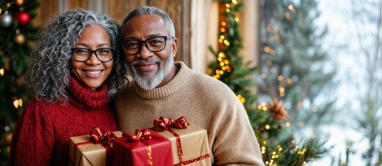 Christmas couple. Senior african american people with gift. Happy black family in love with holiday tree at home giving present. Old woman and man Xmas background. Christmas couple celebration banner