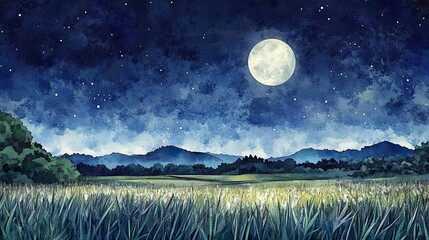 Fototapeta premium 秋の月と高原の背景素材09