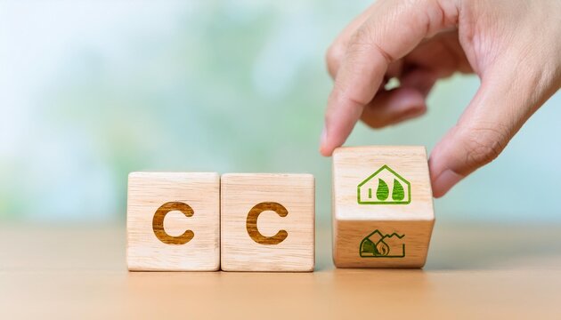 Wooden cubes form the symbol CCU carbon capture utilization and CCS carbon capture storage. Environmental Business concept, Net zero action, Save energy, green energy