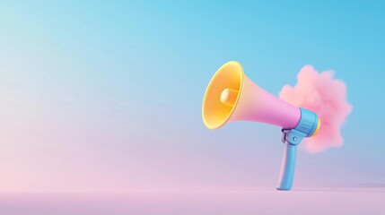 Pink megaphone with a puff of cloud on a blue and pink gradient background.