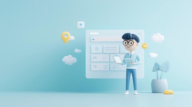 An interactive 3D model of a user conducting an advanced search, highlighting features like Boolean operators and customizable search fields in a modern layout