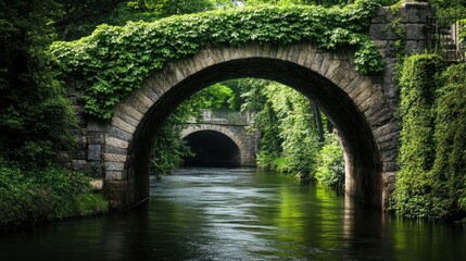 Stone Arch Bridge Over River in Lush Green Forest