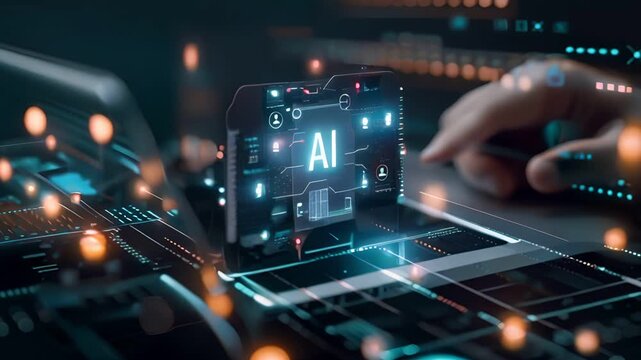 Technology concept of artificial intelligence AI data processing and hand touching digital interface. Futuristic innovation in computing.