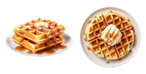 Delicious plate of waffle with honey syrup and whipped cream ,side and top view, isolated on a transparent background ,PNG