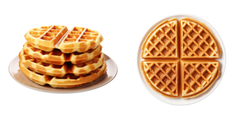Delicious plate of waffle ,side and top view, isolated on a transparent background ,PNG
