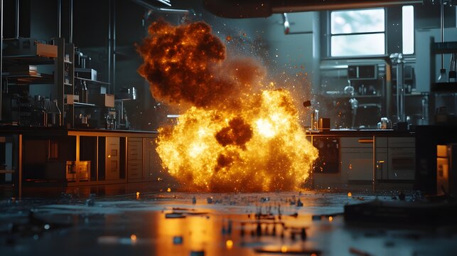 19. An intense scene of a hazardous chemical reaction causing a toxic explosion in a lab