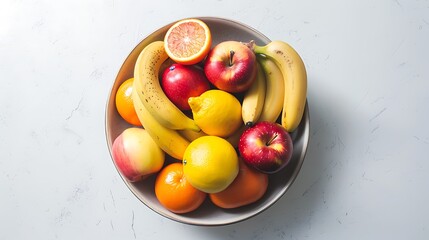 A bowl of fresh fruit including bananas, apples, and oranges on a white surface.