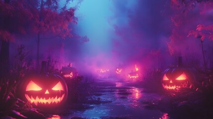 Glowing Halloween Scene with Neon Pumpkins Ghosts and Mystical Atmosphere