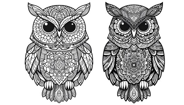  An owl coloring page with a mandala pattern in vector lines on a white background