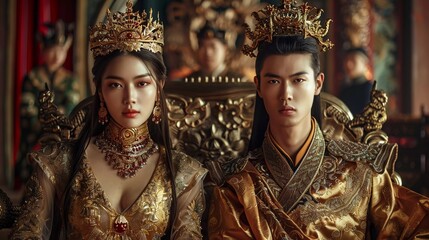 asian king and queen using crown and sitting in the kingdom chairs