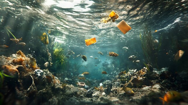 20. An underwater scene with toxic waste and pollution affecting marine life