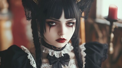 Haunting Gothic Lolita Fashion Portrait with Ominous Atmosphere