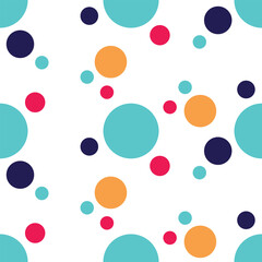 A Seamless polka dot pattern with muilti-colored dots red, blue, pink on white background