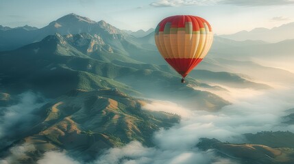 Fototapeta premium A hot air balloon floating over mountain ranges with light morning fog. The colorful balloon contrasts with the mountains and mist, creating a beautiful and serene atmosphere. Generative AI.