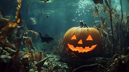 Naklejka premium Haunting Underwater Skeleton Silhouette in Tranquil Seascape