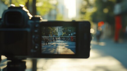 Video camera viewfinder frame overlay on a blurry scene with focus points and recording information displayed.